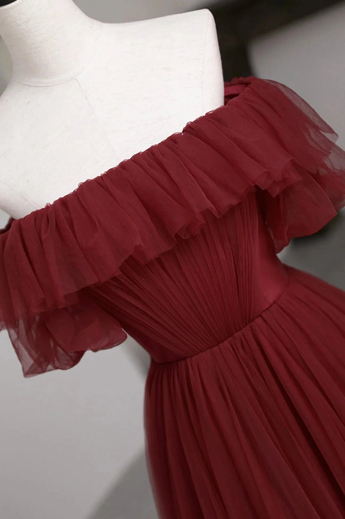 Burgundy Tulle Off the Shoulder Prom Dress Long A-Line Evening Dress simple gentle atmospheric and unique desi Bring summer colors to enhance whitenes by YiHuiw