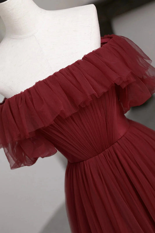 Burgundy Tulle Off the Shoulder Prom Dress Long A-Line Evening Dress simple gentle atmospheric and unique desi Bring summer colors to enhance whitenes by YiHuiw