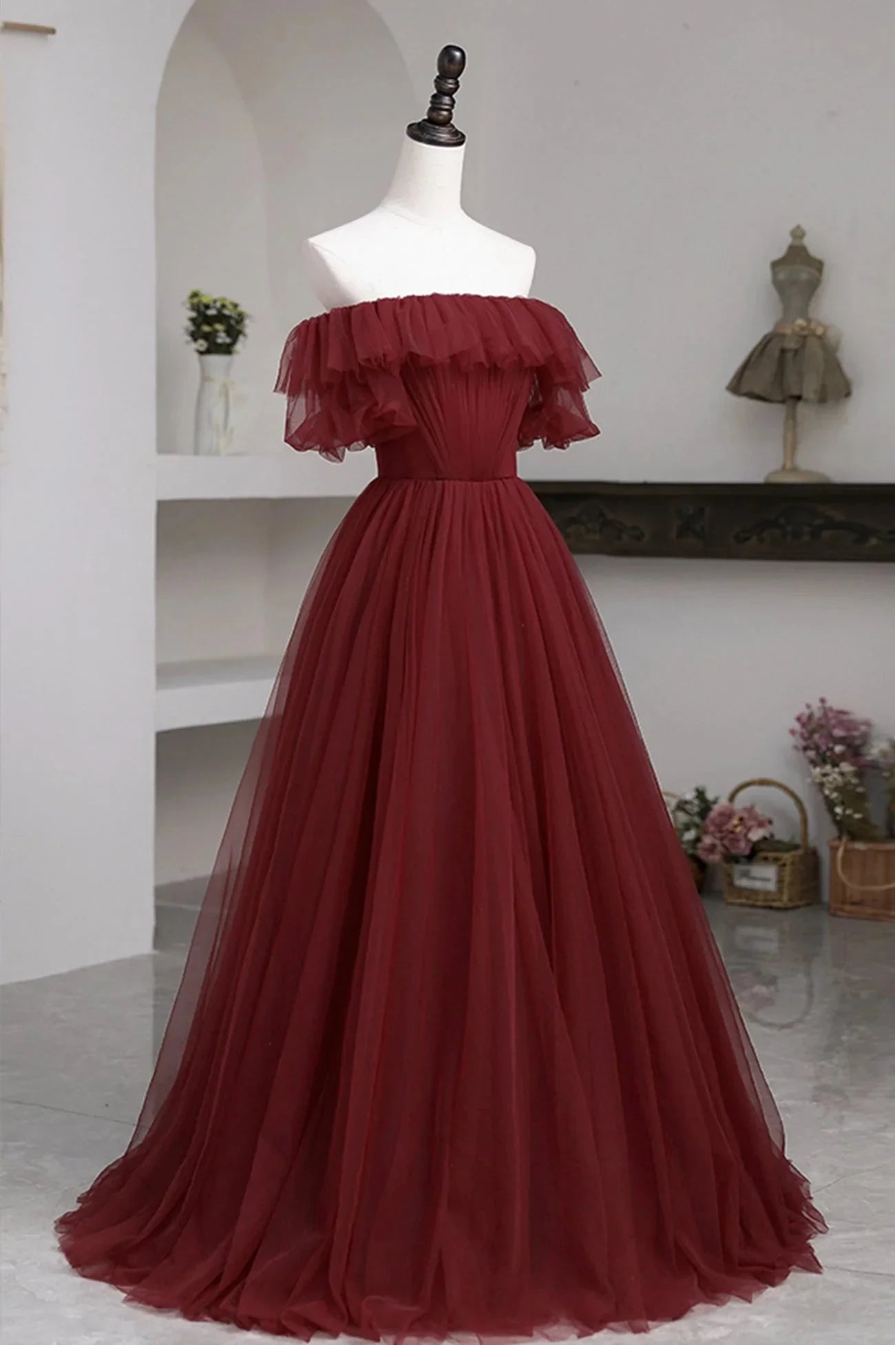 Burgundy Tulle Off the Shoulder Prom Dress Long A-Line Evening Dress simple gentle atmospheric and unique desi Bring summer colors to enhance whitenes by YiHuiw