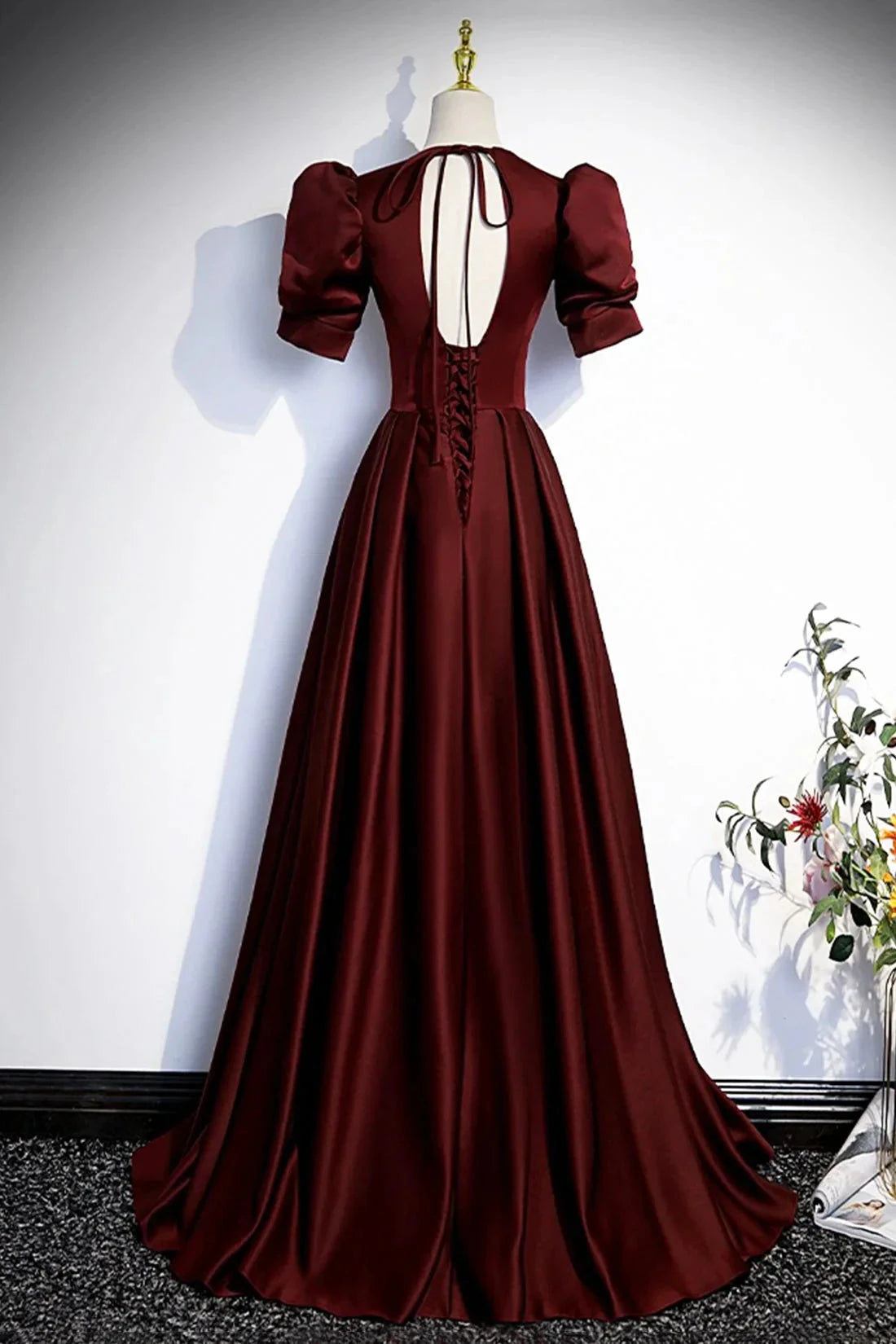 Burgundy V-Neck Satin Long Prom Dress Simple Short Sleeve Evening Party Dress simple gentle atmospheric and unique desi Bring summer colors to enhance white by YiHuiw