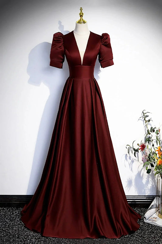 Burgundy V-Neck Satin Long Prom Dress Simple Short Sleeve Evening Party Dress simple gentle atmospheric and unique desi Bring summer colors to enhance white by YiHuiw