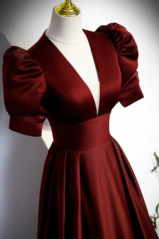 Burgundy V-Neck Satin Long Prom Dress Simple Short Sleeve Evening Party Dress simple gentle atmospheric and unique desi Bring summer colors to enhance white by YiHuiw