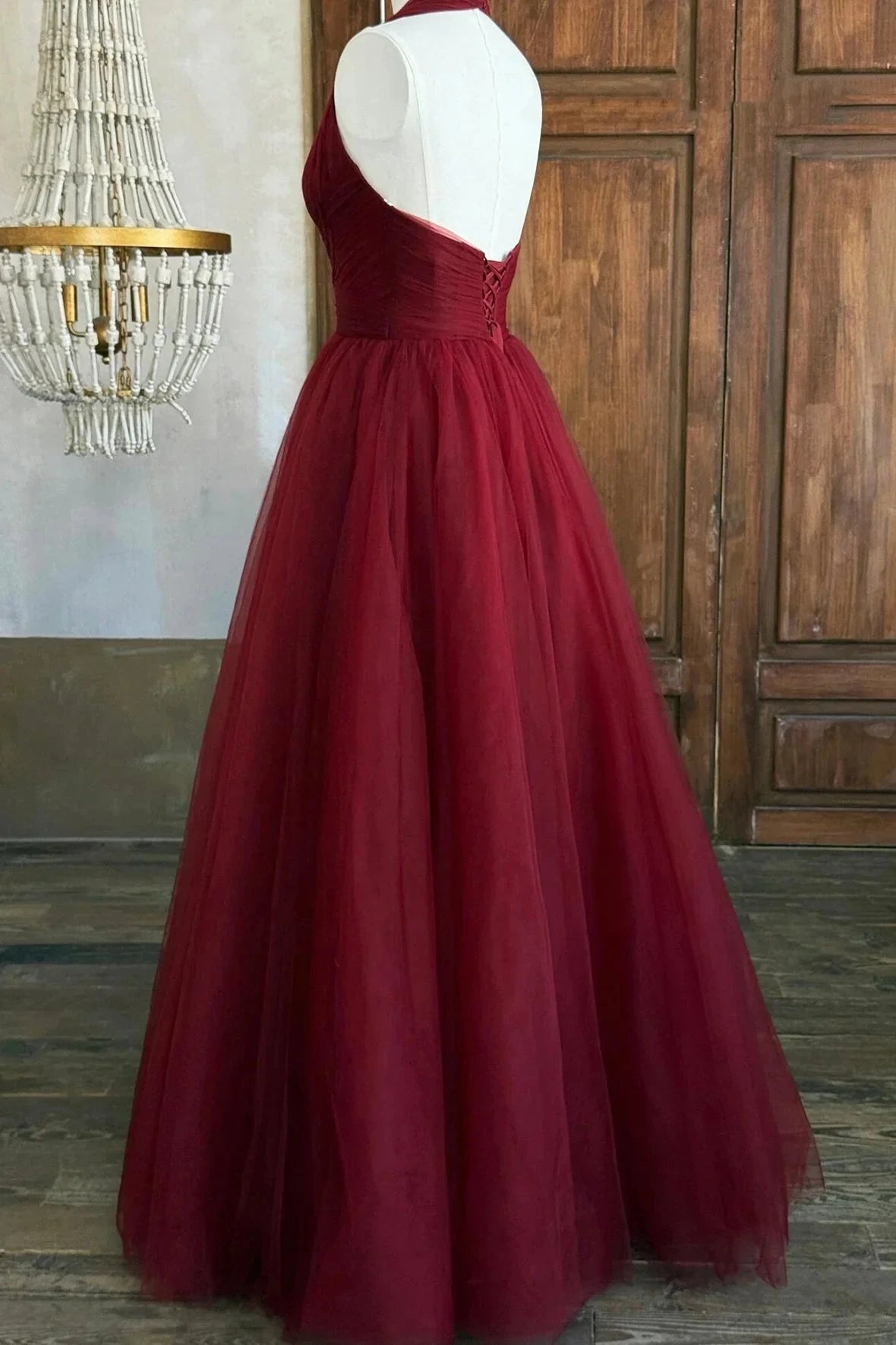 Burgundy V-Neck Tulle Long Prom Dress Elegant A-Line Backless Party Dress simple gentle atmospheric and unique desi Bring by YiHuiw