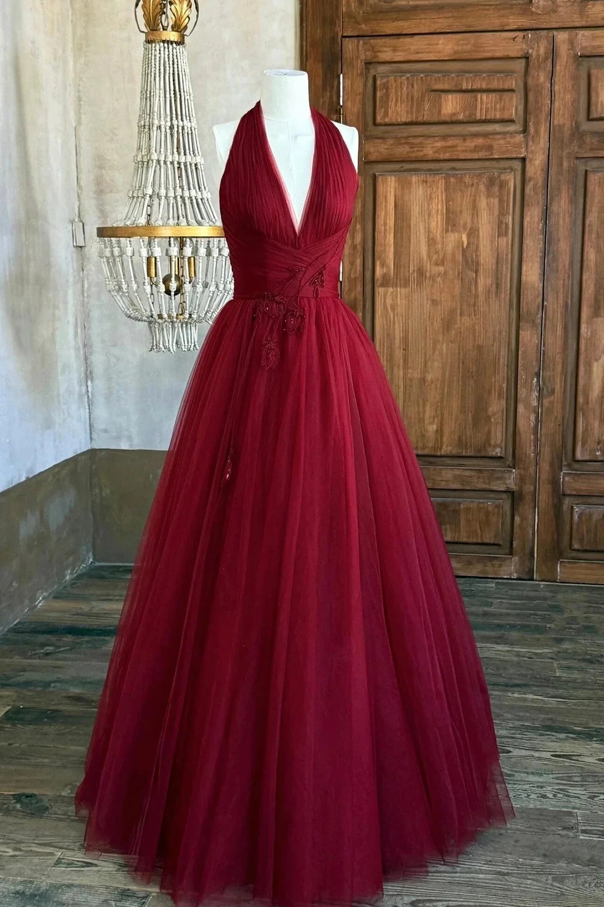 Burgundy V-Neck Tulle Long Prom Dress Elegant A-Line Backless Party Dress simple gentle atmospheric and unique desi Bring by YiHuiw