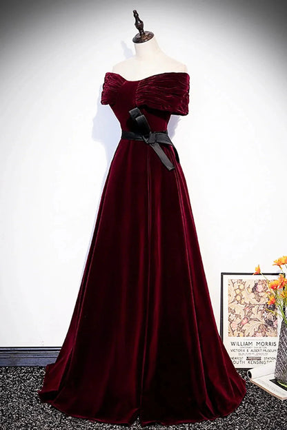Burgundy Velvet Floor Length Prom Dress Elegant Off the Shoulder Party Dress simple gentle atmospheric and unique desi Bring summer colors to enhance white by YiHuiw