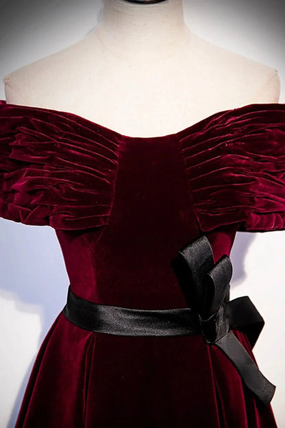 Burgundy Velvet Floor Length Prom Dress Elegant Off the Shoulder Party Dress simple gentle atmospheric and unique desi Bring summer colors to enhance white by YiHuiw