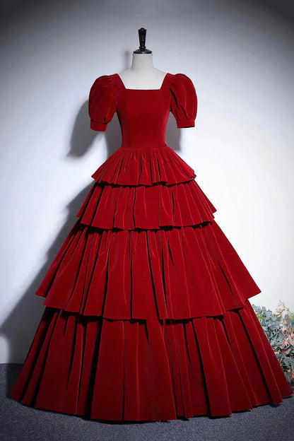 Burgundy Velvet Floor Length Prom Dress Elegant Short Sleeve Evening Party Dress simple gentle atmospheric and unique desi Bring summer by YiHuiw