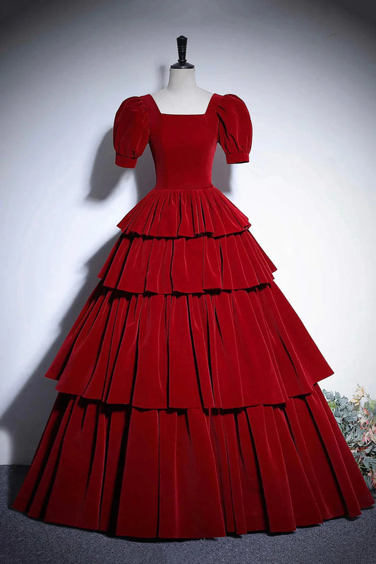 Burgundy Velvet Floor Length Prom Dress Elegant Short Sleeve Evening Party Dress simple gentle atmospheric and unique desi Bring summer by YiHuiw