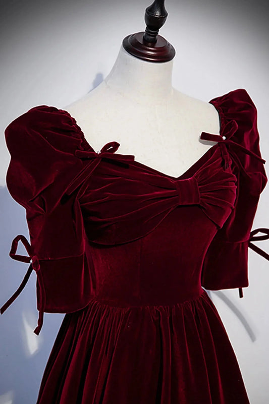Burgundy Velvet Long Evening Party Dress A-Line Short Sleeve Prom Dress simple gentle atmospheric and unique desi Bring summer colors to enhance whitenes by YiHuiw