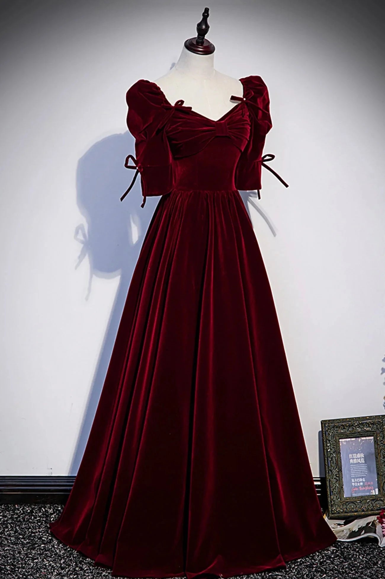 Burgundy Velvet Long Evening Party Dress A-Line Short Sleeve Prom Dress simple gentle atmospheric and unique desi Bring summer colors to enhance whitenes by YiHuiw