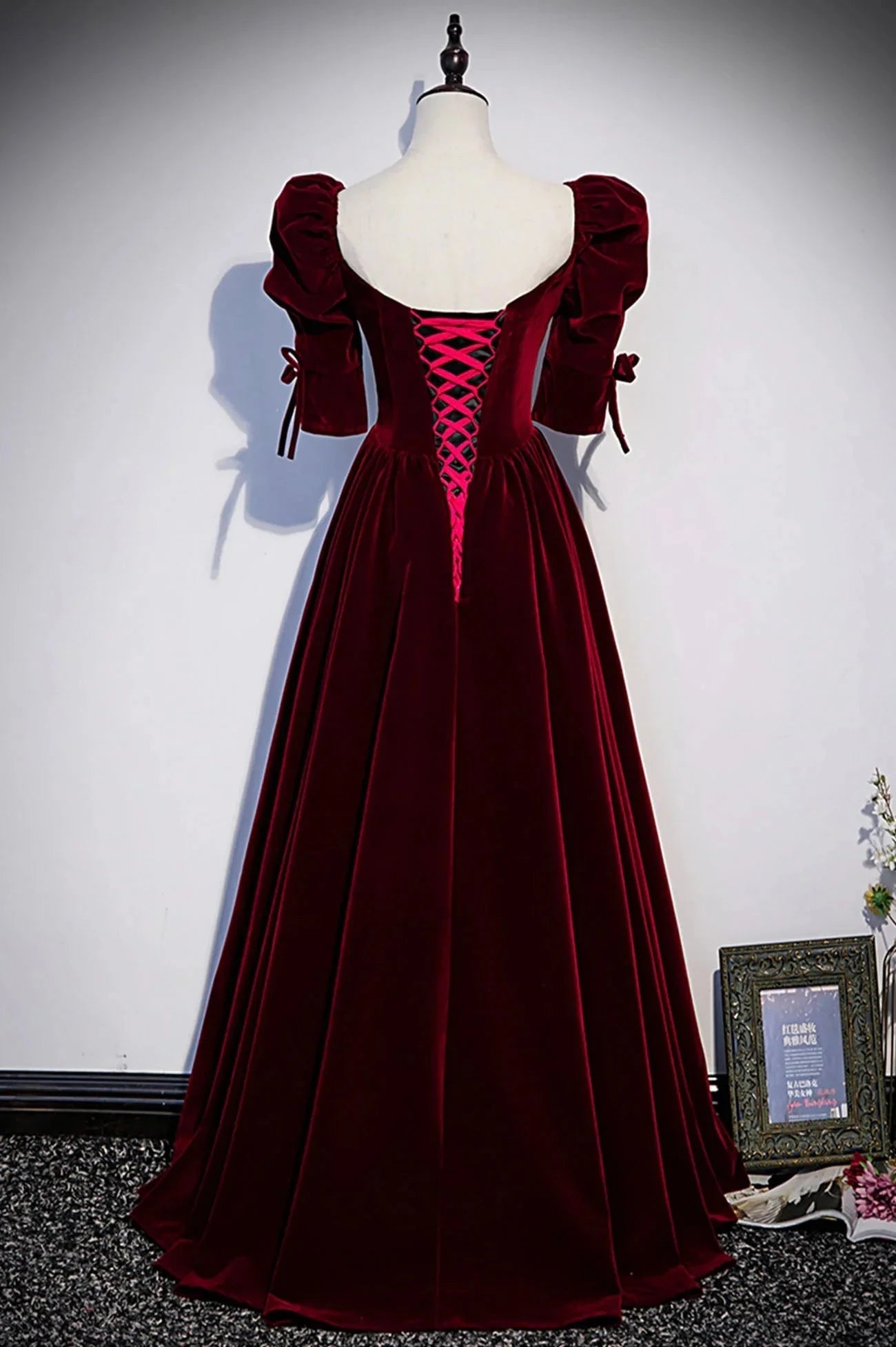Burgundy Velvet Long Evening Party Dress A-Line Short Sleeve Prom Dress simple gentle atmospheric and unique desi Bring summer colors to enhance whitenes by YiHuiw