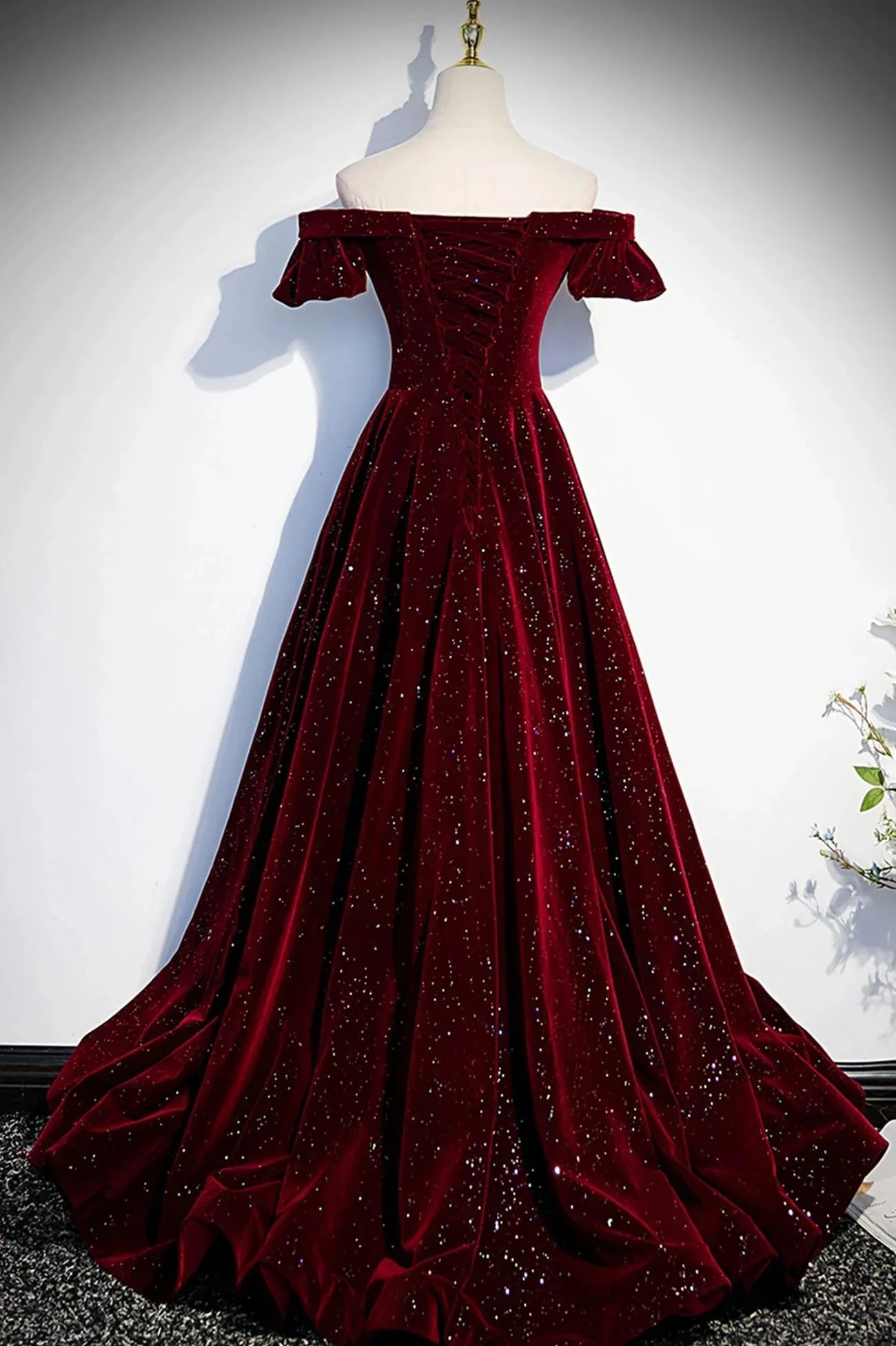 Burgundy Velvet Long Prom Dress A-Line Off the Shoulder Evening Dress simple gentle atmospheric and unique desi Bring summer colors to enhance whitenes by YiHuiw