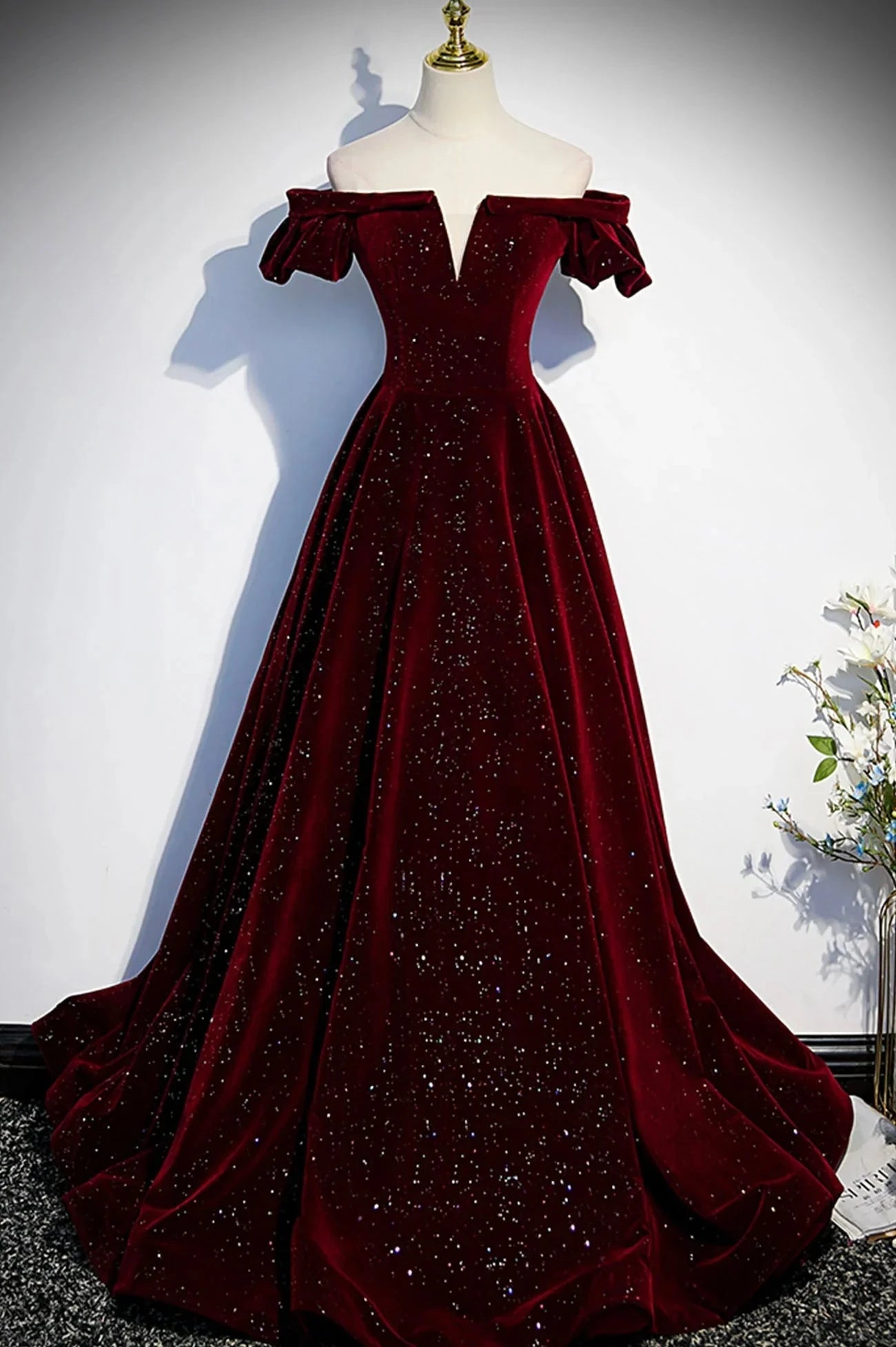 Burgundy Velvet Long Prom Dress A-Line Off the Shoulder Evening Dress simple gentle atmospheric and unique desi Bring summer colors to enhance whitenes by YiHuiw