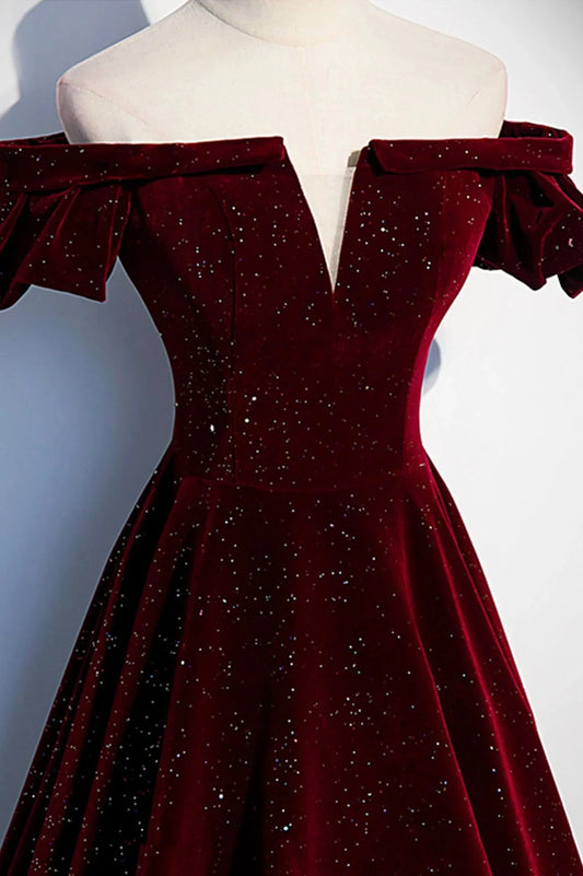 Burgundy Velvet Long Prom Dress A-Line Off the Shoulder Evening Dress simple gentle atmospheric and unique desi Bring summer colors to enhance whitenes by YiHuiw