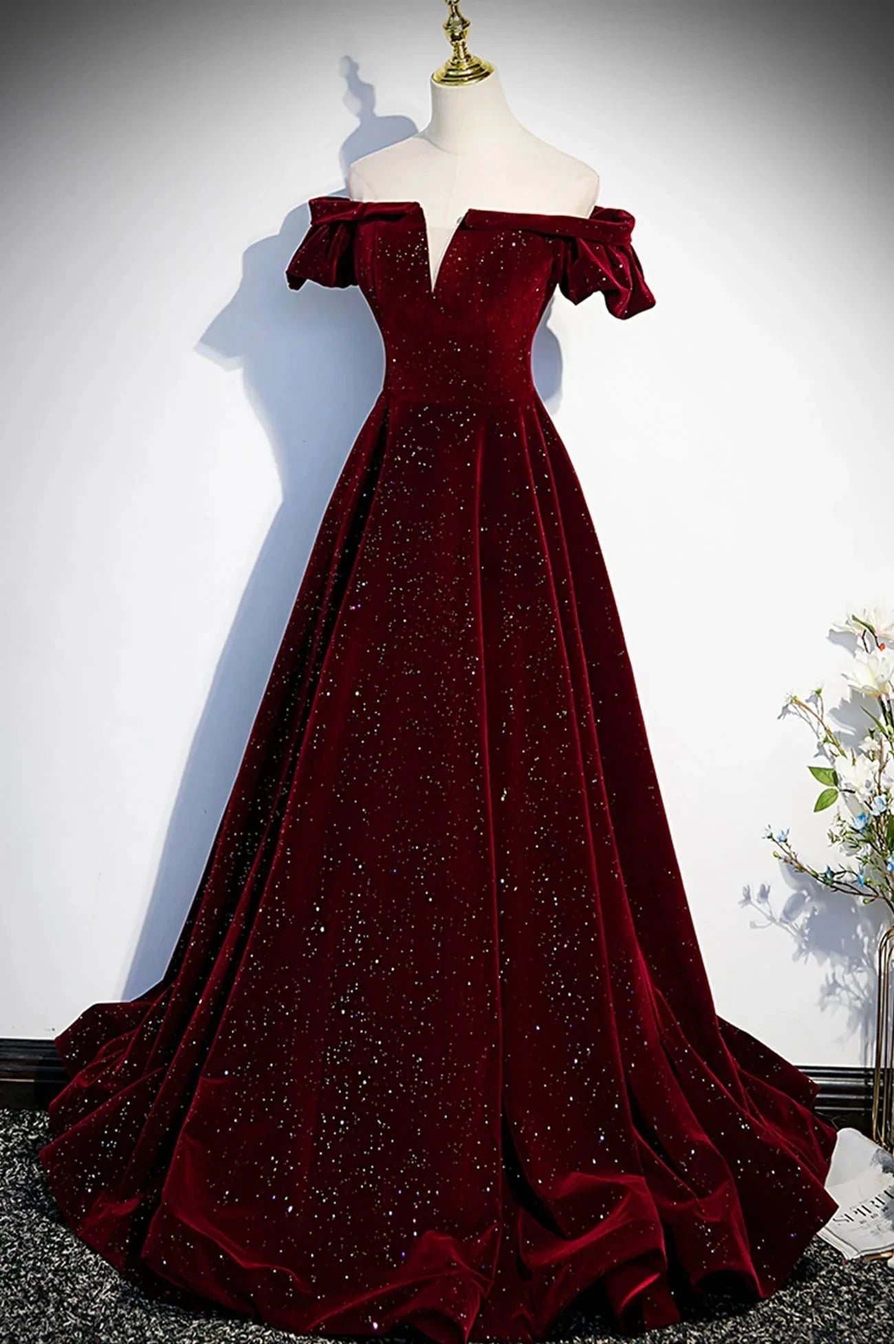 Burgundy Velvet Long Prom Dress A-Line Off the Shoulder Evening Dress simple gentle atmospheric and unique desi Bring summer colors to enhance whitenes by YiHuiw