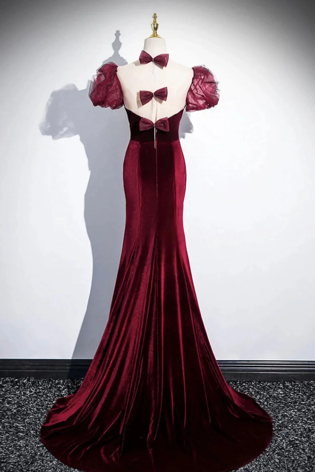 Burgundy Velvet Long Prom Dress Mermaid Short Sleeve Party Dress wit Bow simple gentle atmospheric and unique desi Bring summer by YiHuiw