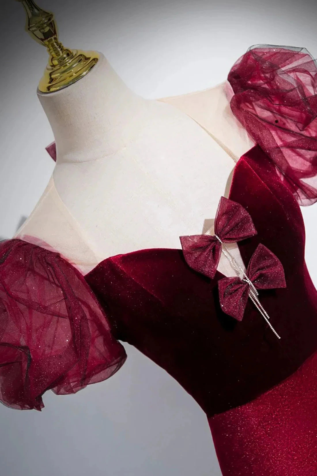 Burgundy Velvet Long Prom Dress Mermaid Short Sleeve Party Dress wit Bow simple gentle atmospheric and unique desi Bring summer by YiHuiw