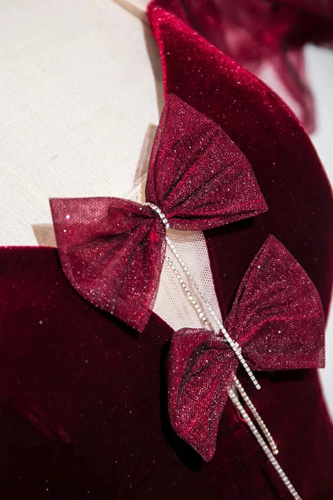 Burgundy Velvet Long Prom Dress Mermaid Short Sleeve Party Dress wit Bow simple gentle atmospheric and unique desi Bring summer by YiHuiw