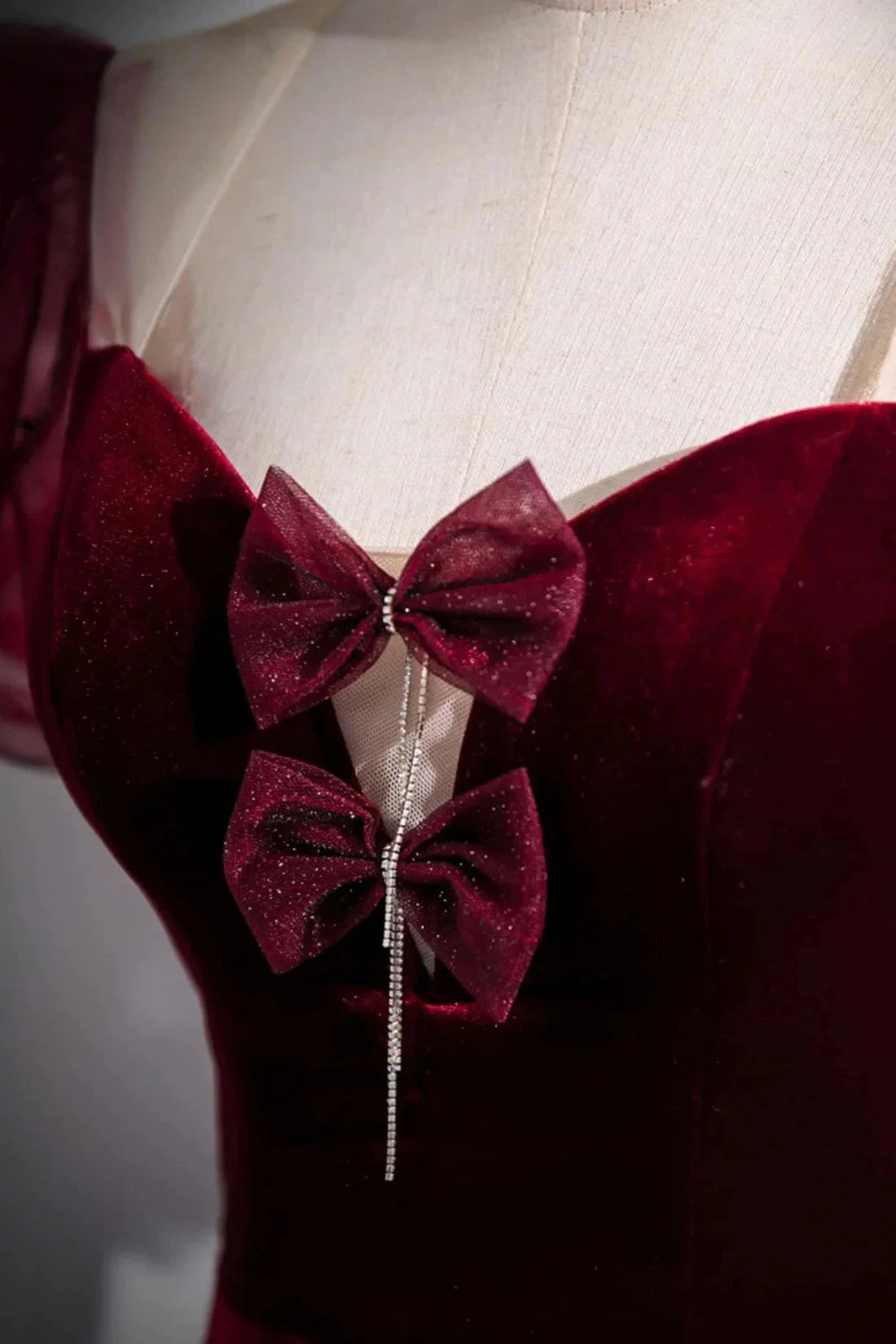 Burgundy Velvet Long Prom Dress Mermaid Short Sleeve Party Dress wit Bow simple gentle atmospheric and unique desi Bring summer by YiHuiw