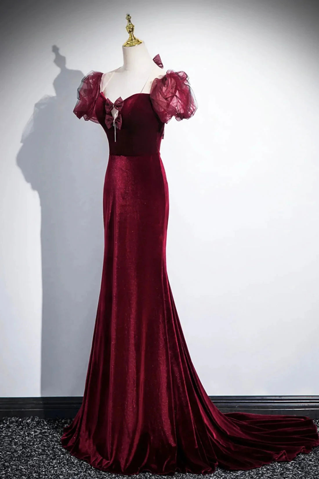 Burgundy Velvet Long Prom Dress Mermaid Short Sleeve Party Dress wit Bow simple gentle atmospheric and unique desi Bring summer by YiHuiw