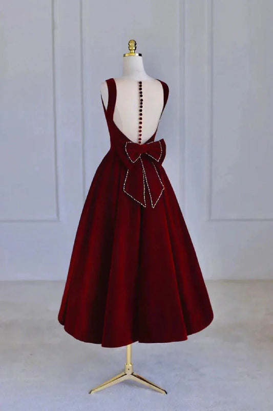 Burgundy Velvet Tea Length Prom Dress A-Line Party Dress with Bow simple gentle atmospheric and unique desi Bring summer colors to enhance white by YiHuiw