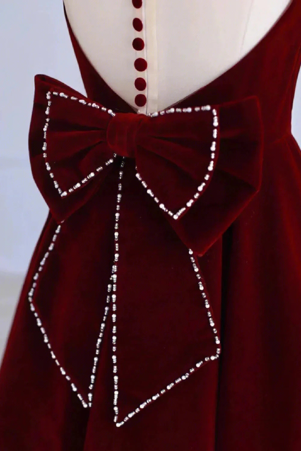 Burgundy Velvet Tea Length Prom Dress A-Line Party Dress with Bow simple gentle atmospheric and unique desi Bring summer colors to enhance white by YiHuiw