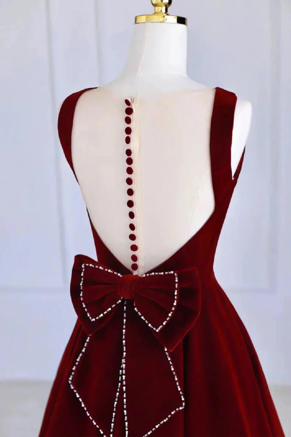 Burgundy Velvet Tea Length Prom Dress A-Line Party Dress with Bow simple gentle atmospheric and unique desi Bring summer colors to enhance white by YiHuiw