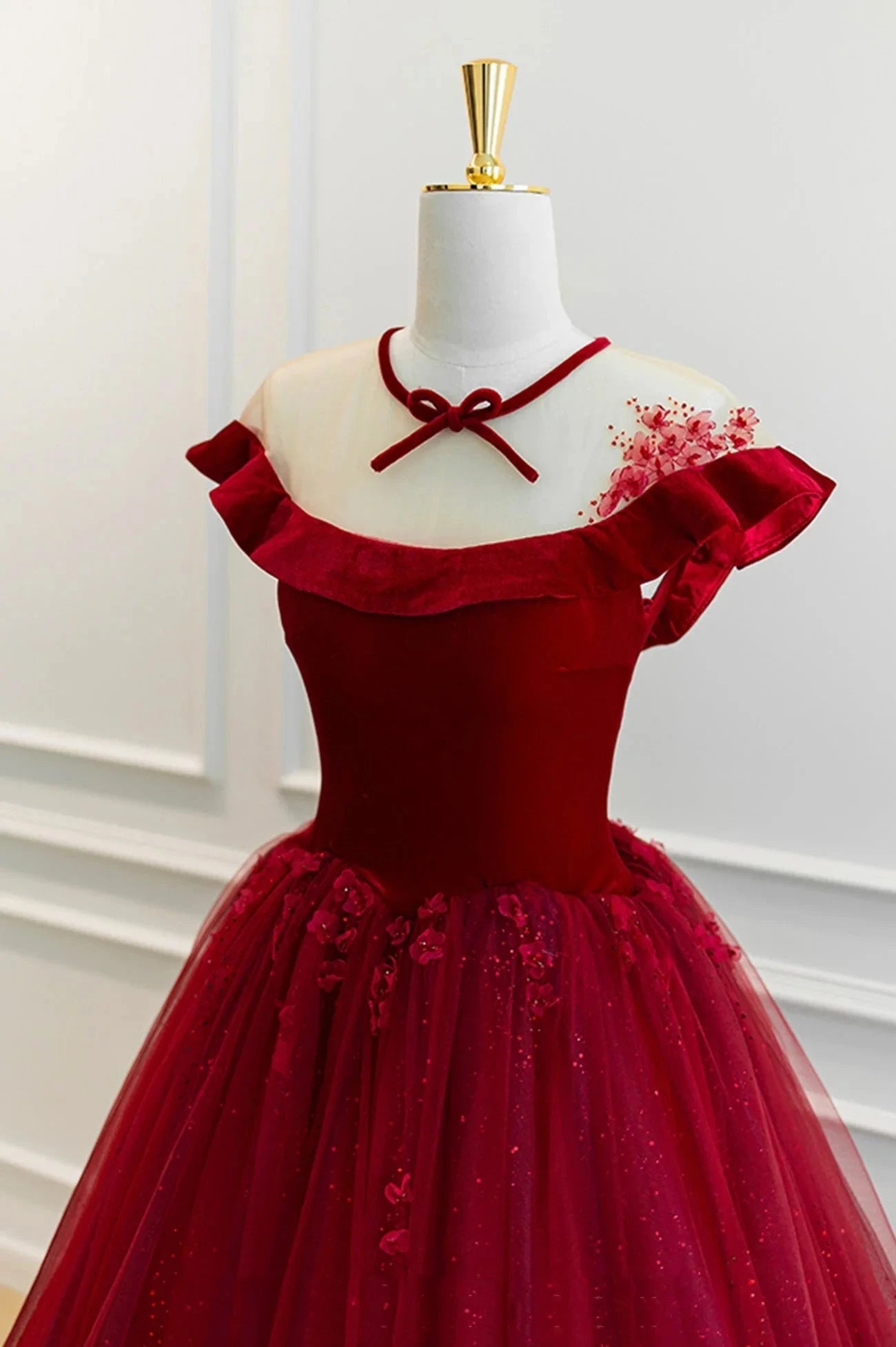 Burgundy Velvet Tulle Floor Length Prom Dress Lovely Evening Party Dress simple gentle atmospheric and unique desi Bring summer colors to enhance whitenes by YiHuiw