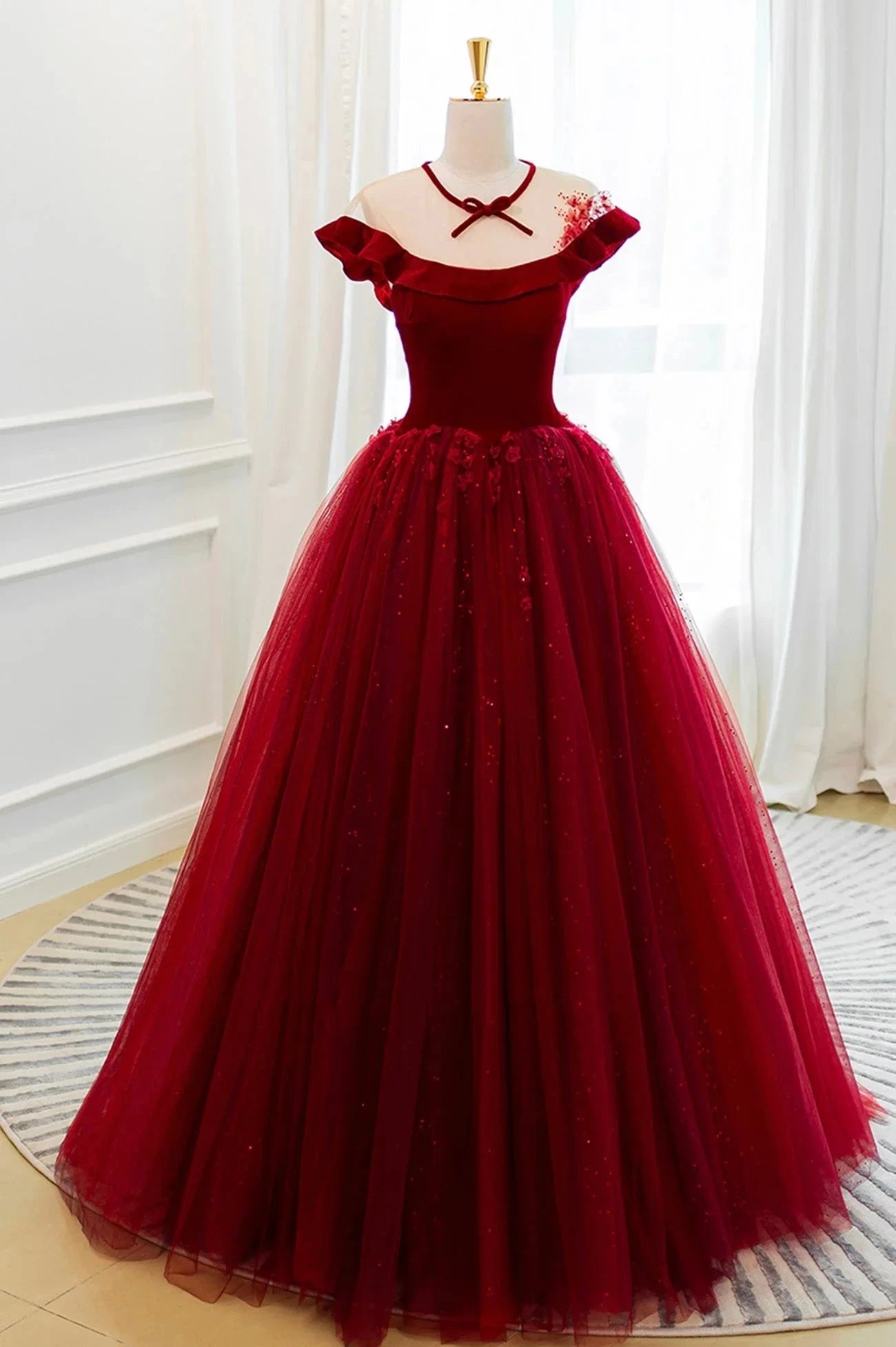 Burgundy Velvet Tulle Floor Length Prom Dress Lovely Evening Party Dress simple gentle atmospheric and unique desi Bring summer colors to enhance whitenes by YiHuiw