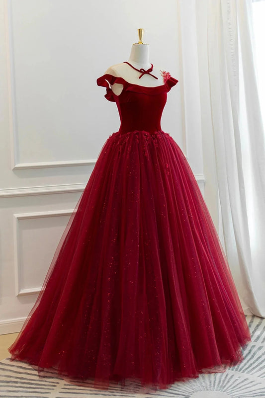 Burgundy Velvet Tulle Floor Length Prom Dress Lovely Evening Party Dress simple gentle atmospheric and unique desi Bring summer colors to enhance whitenes by YiHuiw