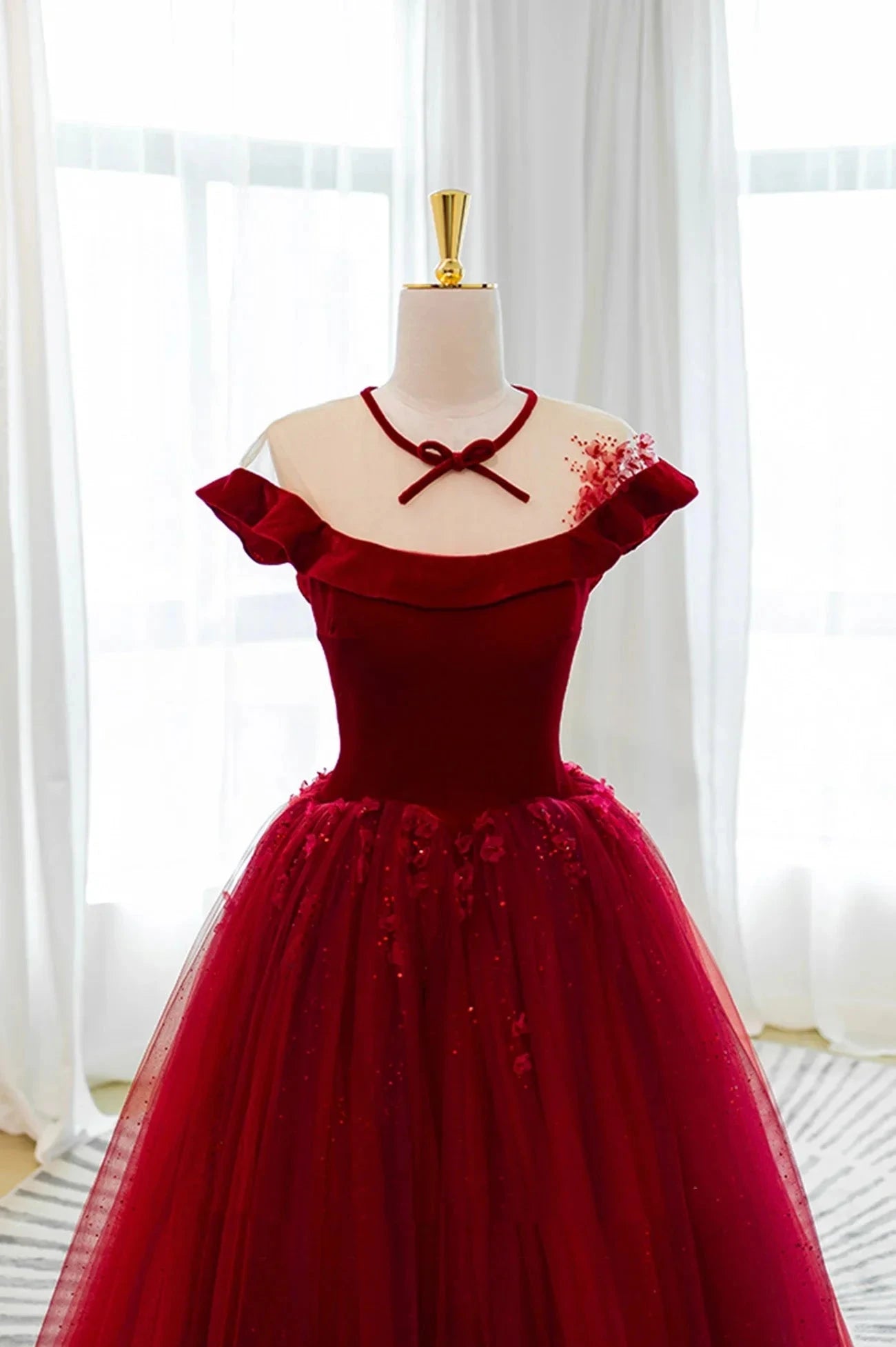 Burgundy Velvet Tulle Floor Length Prom Dress Lovely Evening Party Dress simple gentle atmospheric and unique desi Bring summer colors to enhance whitenes by YiHuiw