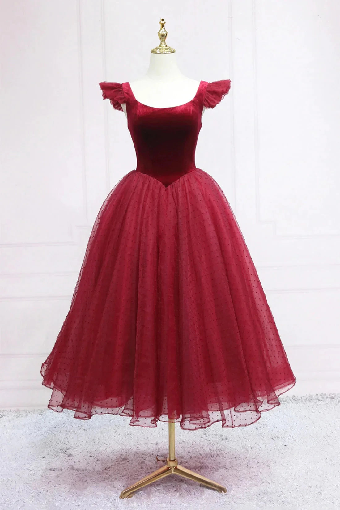Burgundy Velvet Tulle Tea Length Prom Dress, Cute A-Line Party Dress simple gentle atmospheric and unique desi Bring summer colors to enhance white by YiHuiw