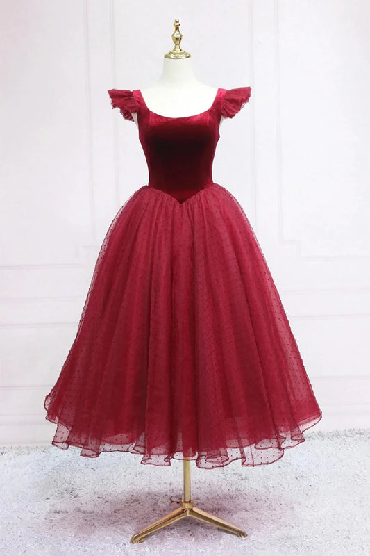 Burgundy Velvet Tulle Tea Length Prom Dress, Cute A-Line Party Dress simple gentle atmospheric and unique desi Bring summer colors to enhance white by YiHuiw