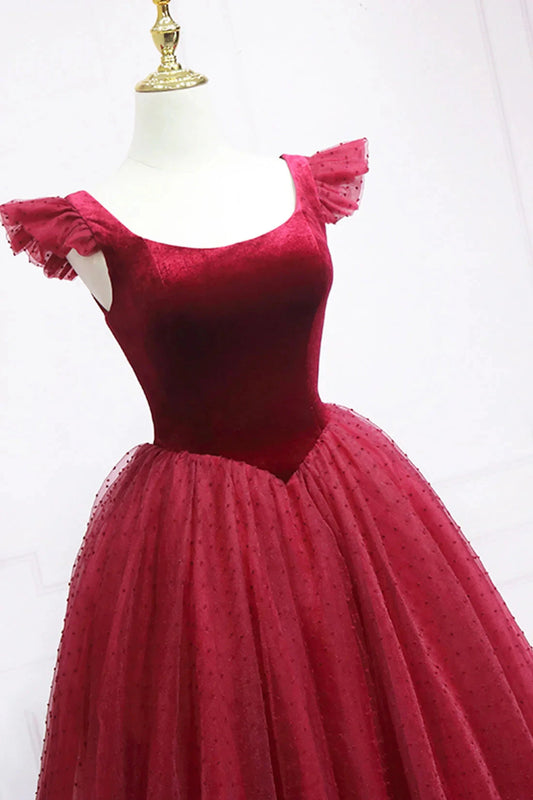 Burgundy Velvet Tulle Tea Length Prom Dress, Cute A-Line Party Dress simple gentle atmospheric and unique desi Bring summer colors to enhance white by YiHuiw