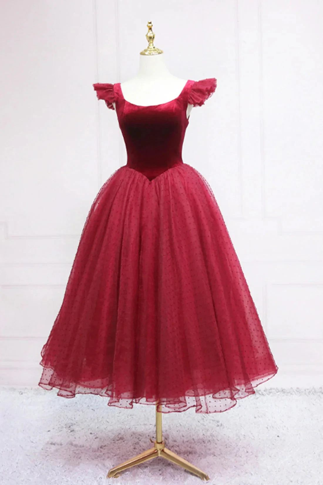 Burgundy Velvet Tulle Tea Length Prom Dress, Cute A-Line Party Dress simple gentle atmospheric and unique desi Bring summer colors to enhance white by YiHuiw