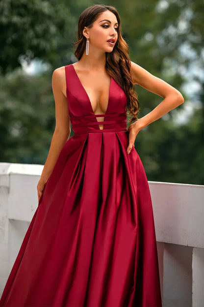 Burgundy Satin Prom Dress with Deep V-Neck and A-Line Silhouette – Elegant Backless Formal Evening Gown