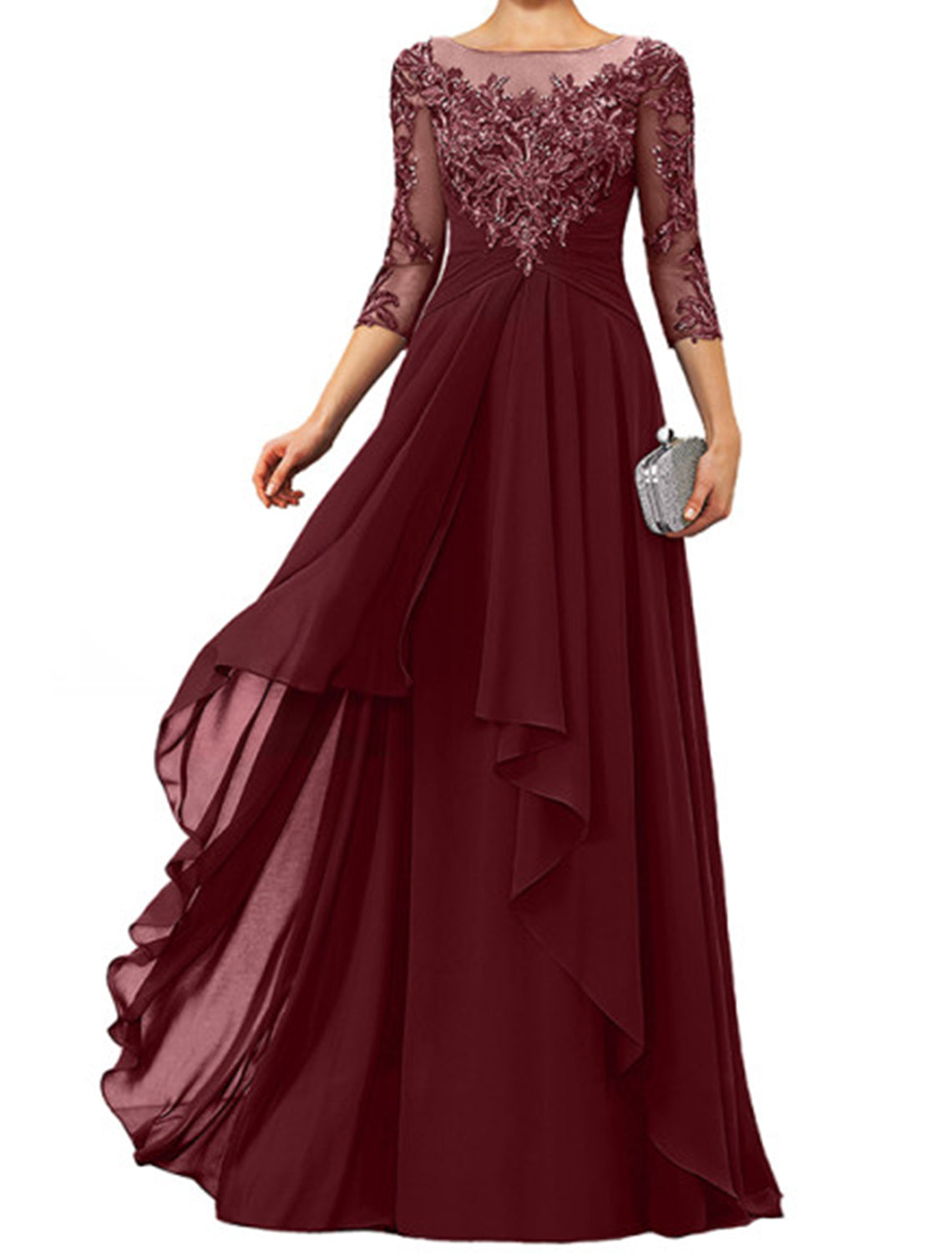 Sheath / Column Mother of the Bride Dress Elegant Jewel Neck Floor Length Chiffon Lace 3/4 Length Sleeve with Appliques by YiHuiw