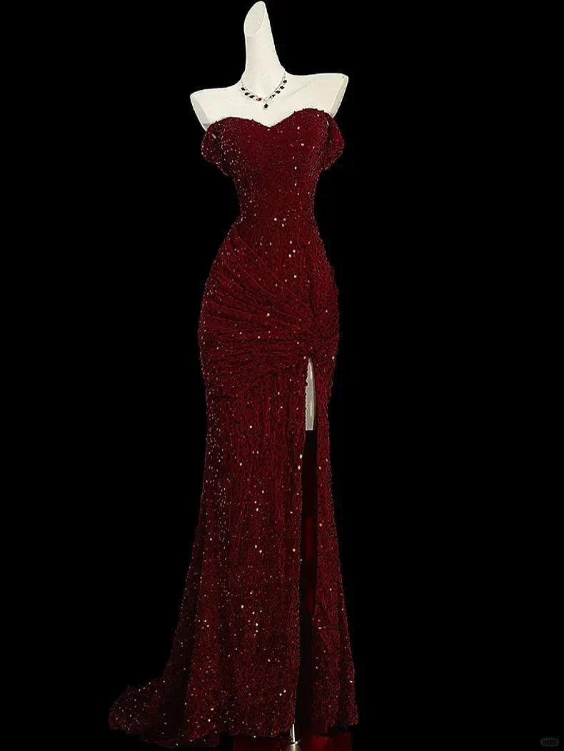 Burgundy shiny hip fishtail sequined ball gown evening dress prom dress simple gentle atmospheric and unique desi Bring summer colors to enhance whiteness by YiHuiw