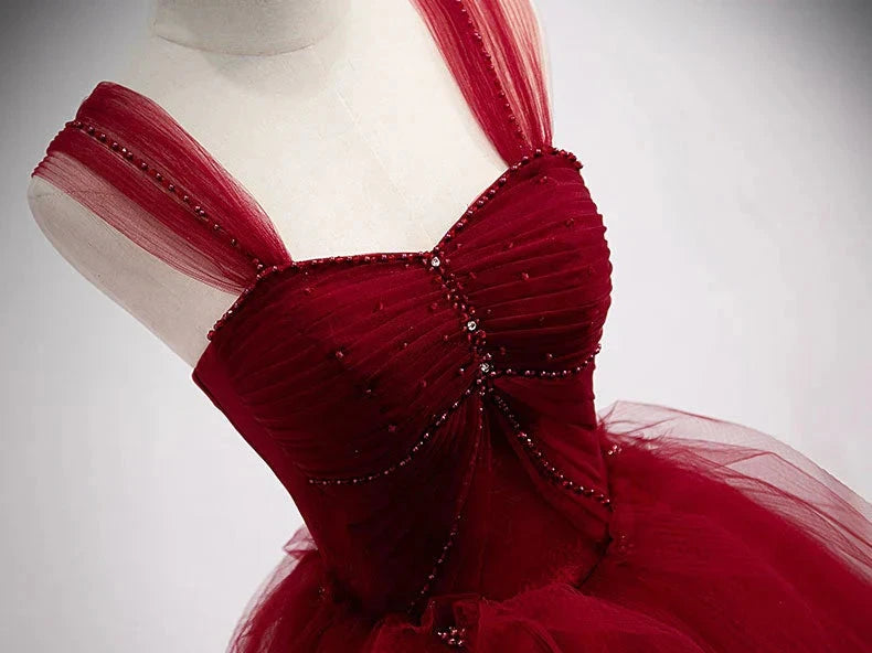 Burgundy sweetheart tulle long prom dress burgundy evening dress simple gentle atmospheric and unique desi Bring summer colors to enhance whitenes by YiHuiw