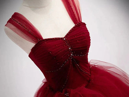 Burgundy sweetheart tulle long prom dress burgundy evening dress simple gentle atmospheric and unique desi Bring summer colors to enhance whitenes by YiHuiw