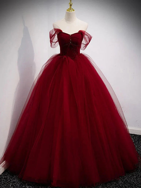 Burgundy sweetheart tulle long prom dress burgundy evening dress simple gentle atmospheric and unique desi Bring summer colors to enhance whitenes by YiHuiw