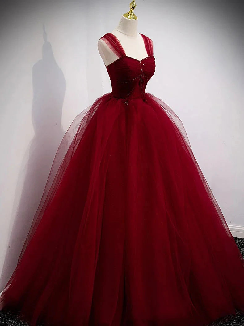 Burgundy sweetheart tulle long prom dress burgundy evening dress simple gentle atmospheric and unique desi Bring summer colors to enhance whitenes by YiHuiw