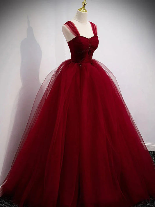 Burgundy sweetheart tulle long prom dress burgundy evening dress simple gentle atmospheric and unique desi Bring summer colors to enhance whitenes by YiHuiw