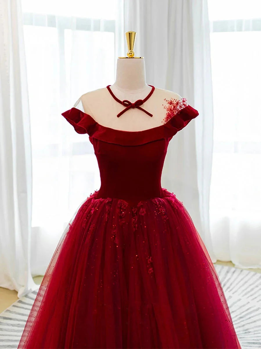 Burgundy tulle lace long prom dress burgundy tulle evening dress simple gentle atmospheric and unique desi Bring summer colors to enhance whitenes by YiHuiw