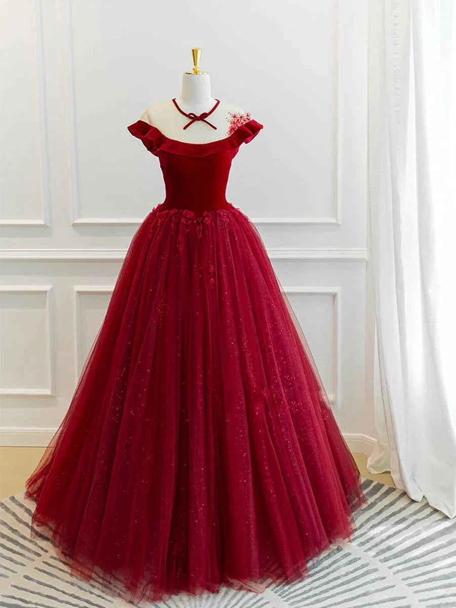 Burgundy tulle lace long prom dress burgundy tulle evening dress simple gentle atmospheric and unique desi Bring summer colors to enhance whitenes by YiHuiw