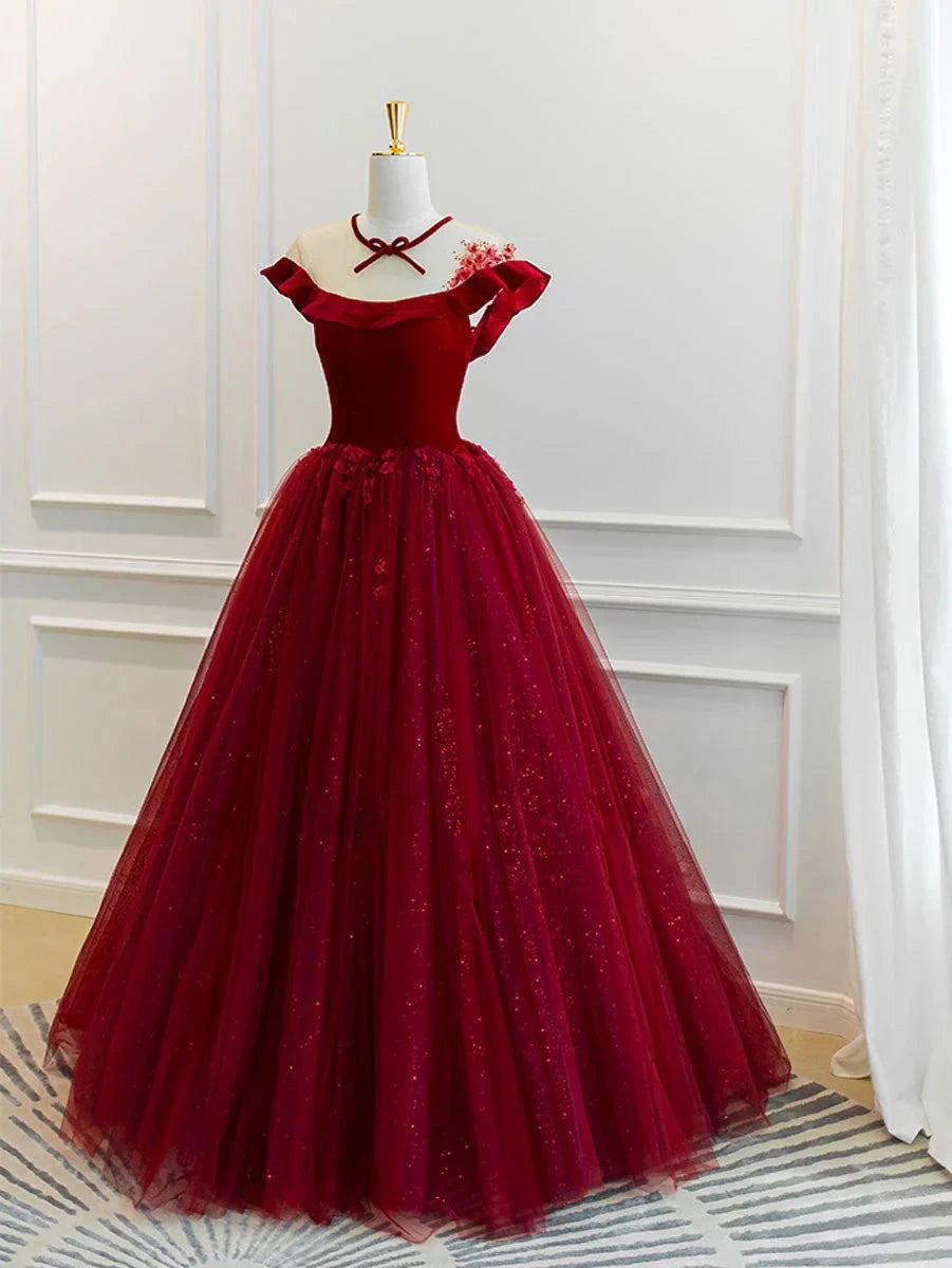 Burgundy tulle lace long prom dress burgundy tulle evening dress simple gentle atmospheric and unique desi Bring summer colors to enhance whitenes by YiHuiw