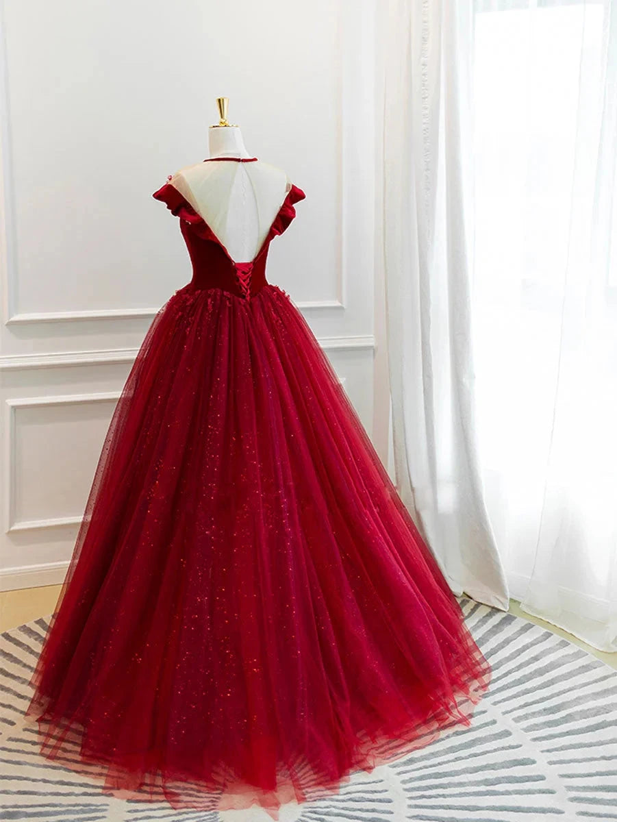 Burgundy tulle lace long prom dress burgundy tulle evening dress simple gentle atmospheric and unique desi Bring summer colors to enhance whitenes by YiHuiw