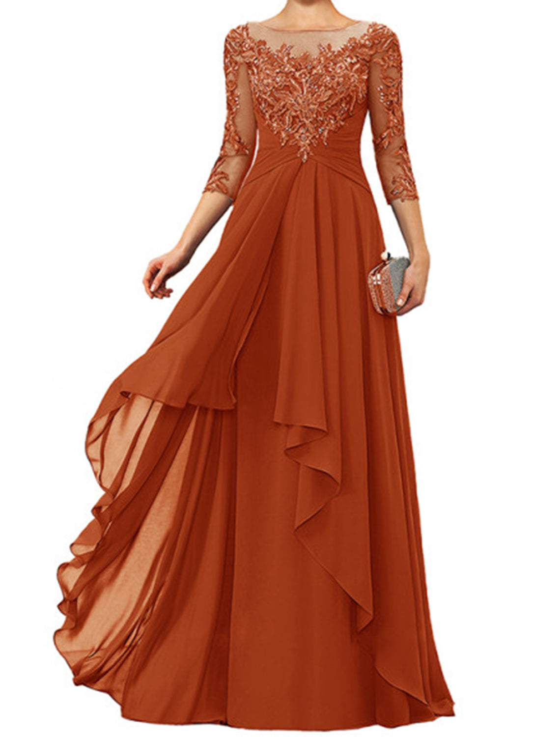 Sheath / Column Mother of the Bride Dress Elegant Jewel Neck Floor Length Chiffon Lace 3/4 Length Sleeve with Appliques by YiHuiw