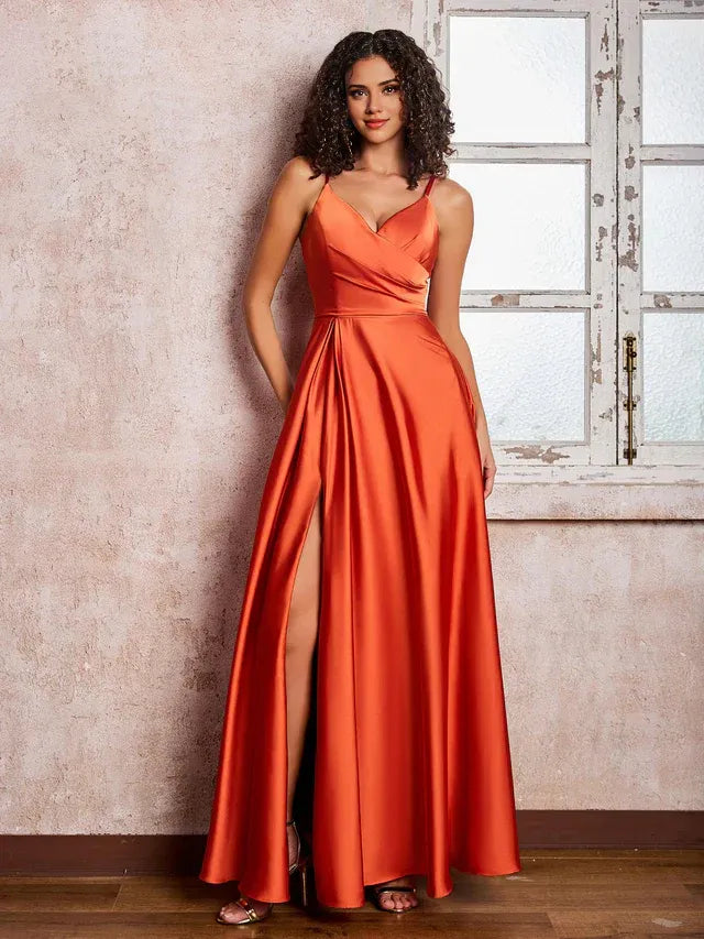 Spaghetti Strap Satin High Slit Wedding Dress - Yihuiw by Yihuiw