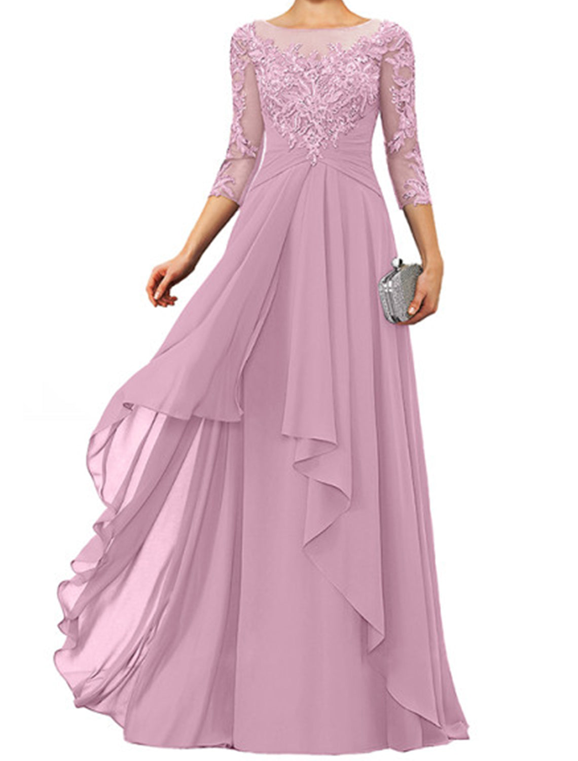 Sheath / Column Mother of the Bride Dress Elegant Jewel Neck Floor Length Chiffon Lace 3/4 Length Sleeve with Appliques by YiHuiw
